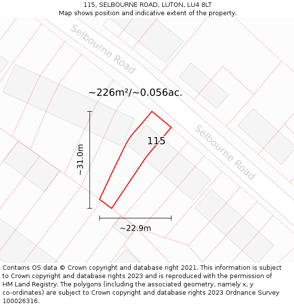 115, SELBOURNE ROAD, LUTON, LU4 8LT: Plot and title map