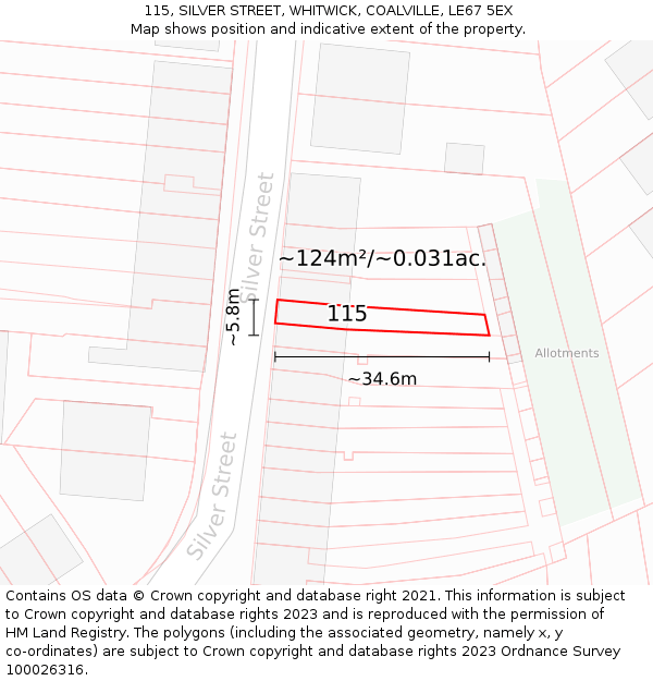 115, SILVER STREET, WHITWICK, COALVILLE, LE67 5EX: Plot and title map