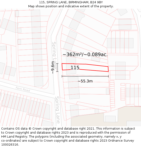 115, SPRING LANE, BIRMINGHAM, B24 9BY: Plot and title map