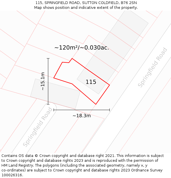 115, SPRINGFIELD ROAD, SUTTON COLDFIELD, B76 2SN: Plot and title map
