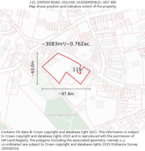 115, STATION ROAD, GOLCAR, HUDDERSFIELD, HD7 4EE: Plot and title map
