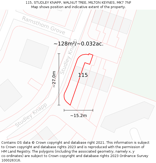 115, STUDLEY KNAPP, WALNUT TREE, MILTON KEYNES, MK7 7NF: Plot and title map