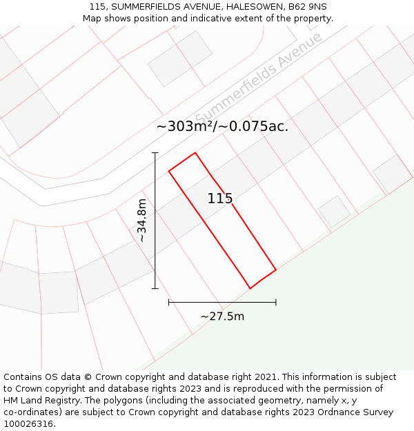 115, SUMMERFIELDS AVENUE, HALESOWEN, B62 9NS: Plot and title map