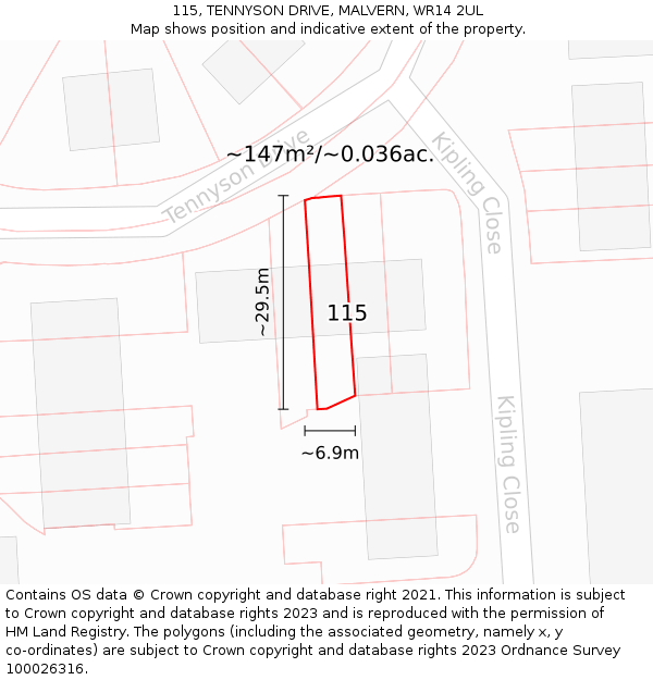 115, TENNYSON DRIVE, MALVERN, WR14 2UL: Plot and title map