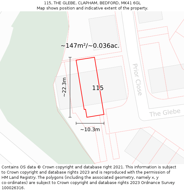 115, THE GLEBE, CLAPHAM, BEDFORD, MK41 6GL: Plot and title map