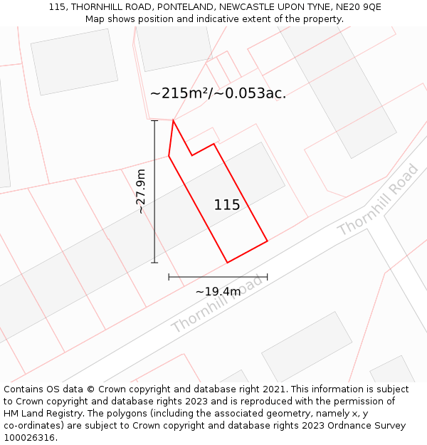 115, THORNHILL ROAD, PONTELAND, NEWCASTLE UPON TYNE, NE20 9QE: Plot and title map