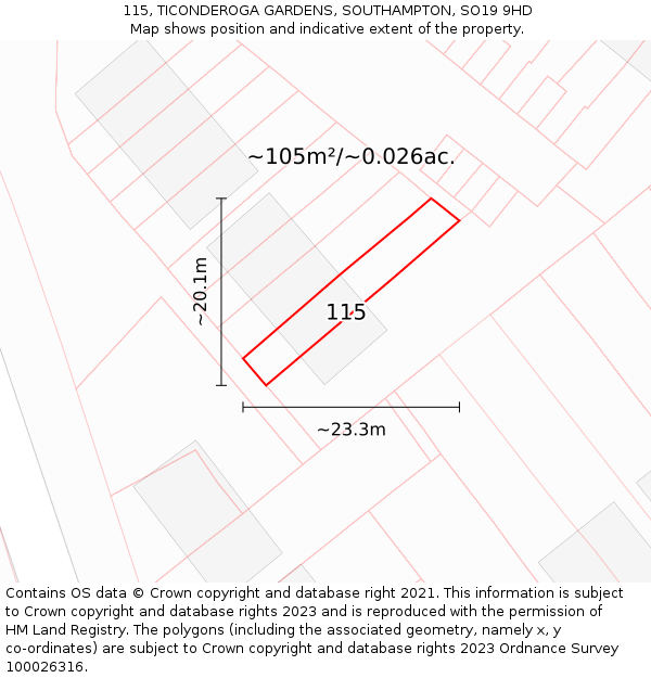 115, TICONDEROGA GARDENS, SOUTHAMPTON, SO19 9HD: Plot and title map
