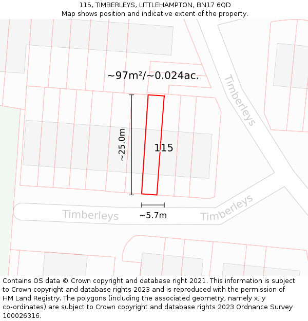 115, TIMBERLEYS, LITTLEHAMPTON, BN17 6QD: Plot and title map