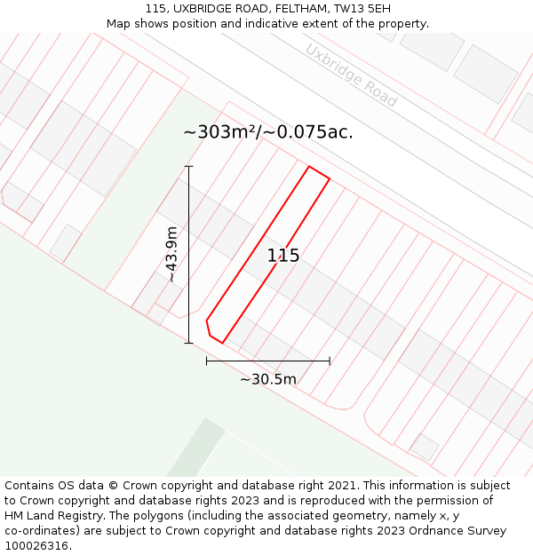 115, UXBRIDGE ROAD, FELTHAM, TW13 5EH: Plot and title map