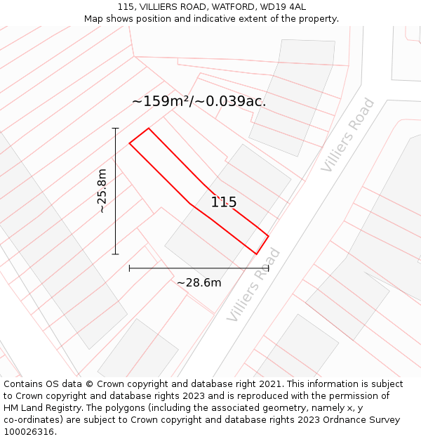 115, VILLIERS ROAD, WATFORD, WD19 4AL: Plot and title map