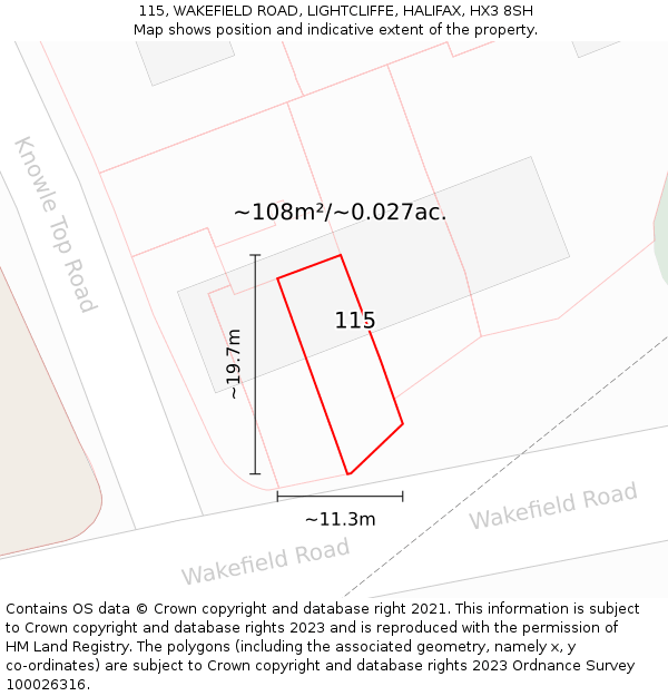 115, WAKEFIELD ROAD, LIGHTCLIFFE, HALIFAX, HX3 8SH: Plot and title map