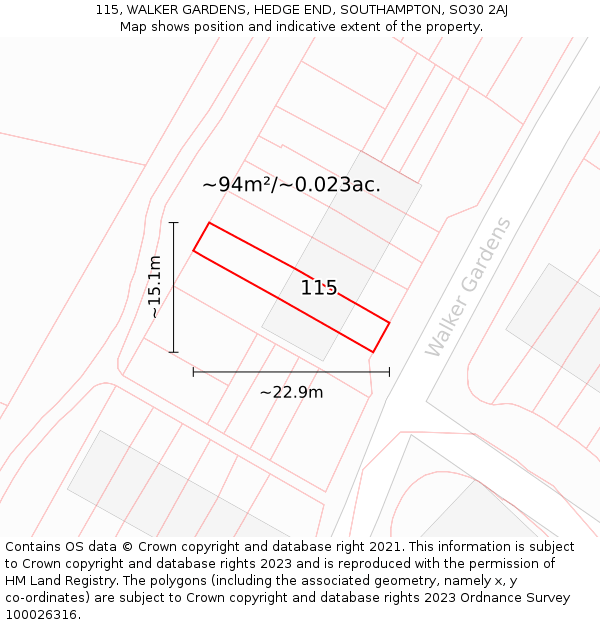 115, WALKER GARDENS, HEDGE END, SOUTHAMPTON, SO30 2AJ: Plot and title map