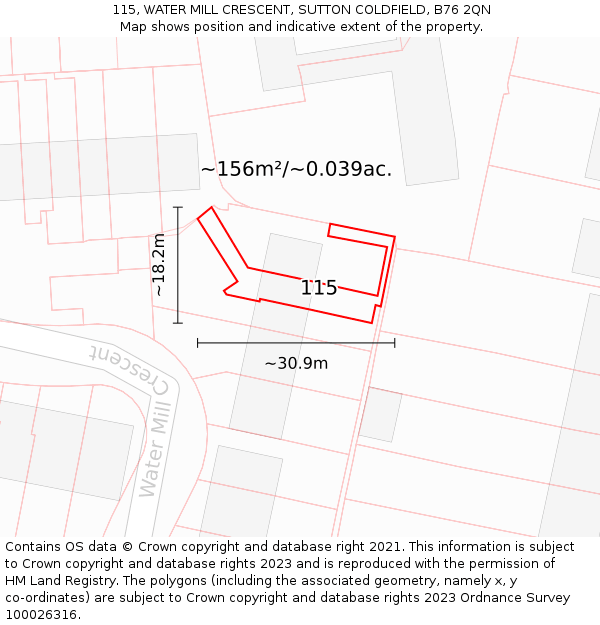 115, WATER MILL CRESCENT, SUTTON COLDFIELD, B76 2QN: Plot and title map