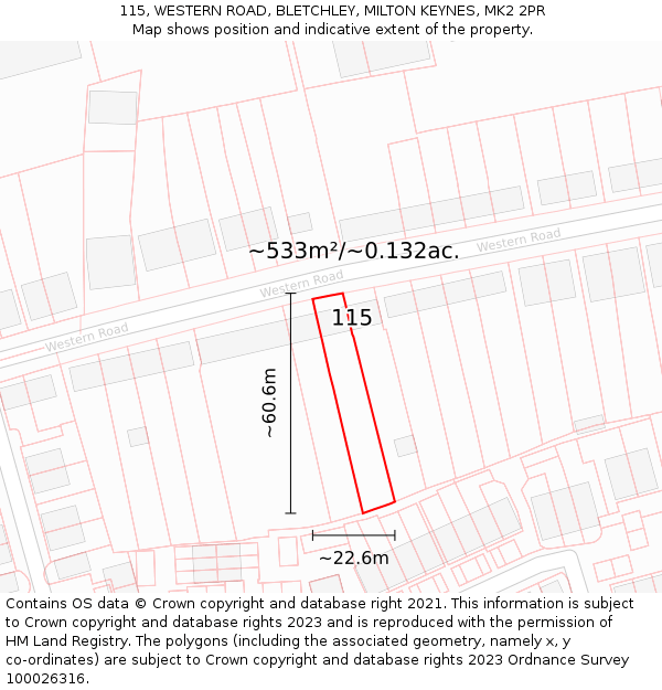 115, WESTERN ROAD, BLETCHLEY, MILTON KEYNES, MK2 2PR: Plot and title map