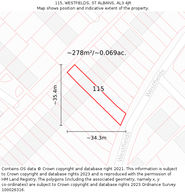 115, WESTFIELDS, ST ALBANS, AL3 4JR: Plot and title map