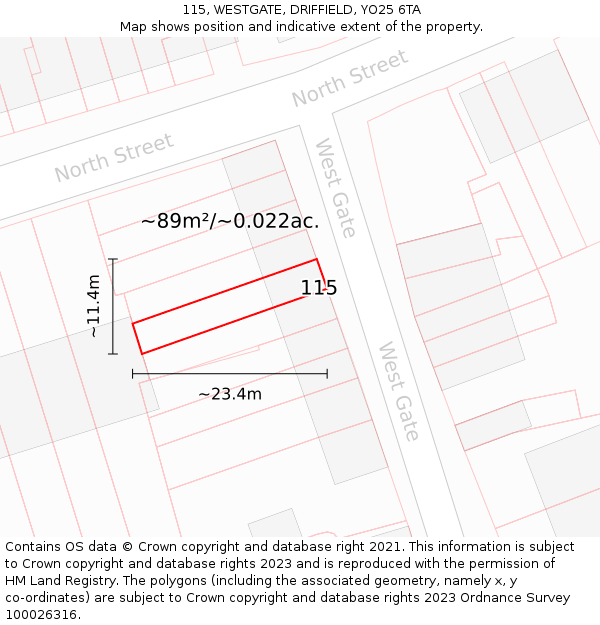 115, WESTGATE, DRIFFIELD, YO25 6TA: Plot and title map