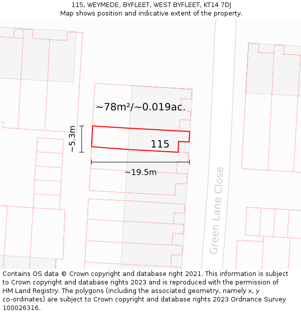 115, WEYMEDE, BYFLEET, WEST BYFLEET, KT14 7DJ: Plot and title map