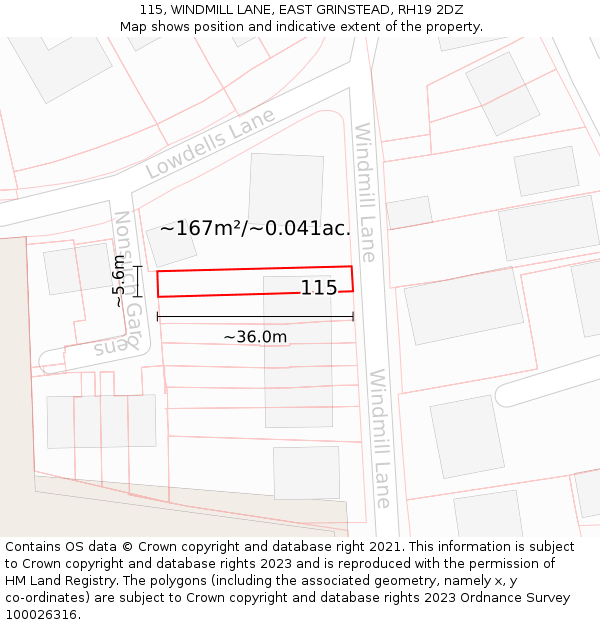 115, WINDMILL LANE, EAST GRINSTEAD, RH19 2DZ: Plot and title map