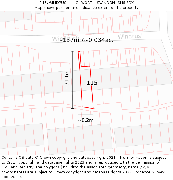 115, WINDRUSH, HIGHWORTH, SWINDON, SN6 7DX: Plot and title map