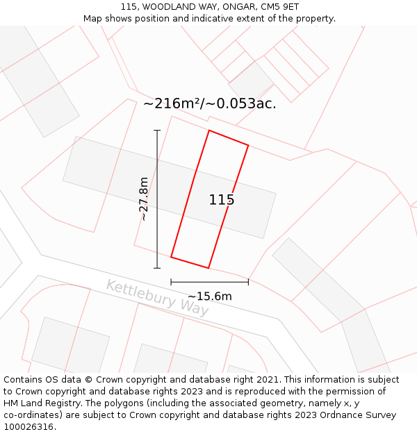 115, WOODLAND WAY, ONGAR, CM5 9ET: Plot and title map