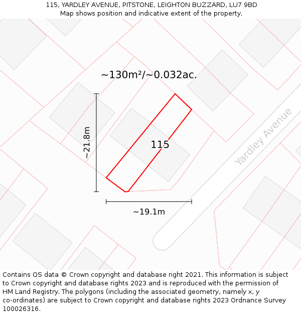 115, YARDLEY AVENUE, PITSTONE, LEIGHTON BUZZARD, LU7 9BD: Plot and title map