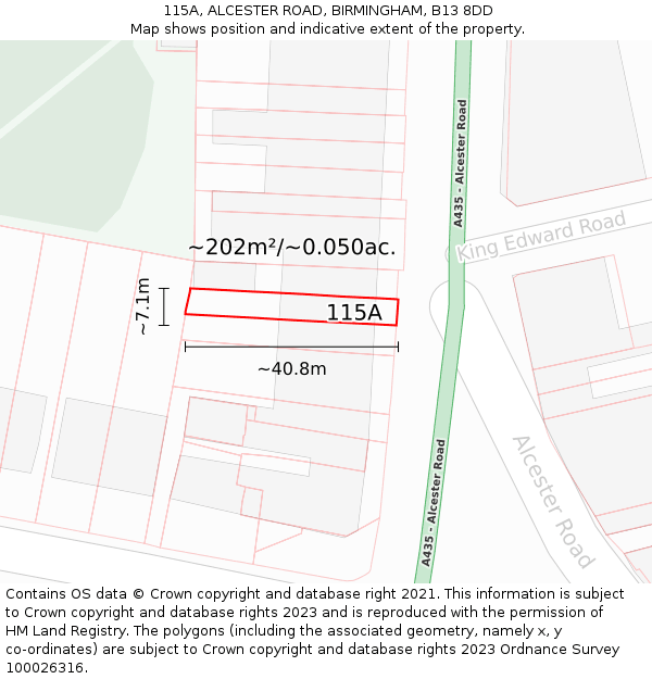 115A, ALCESTER ROAD, BIRMINGHAM, B13 8DD: Plot and title map
