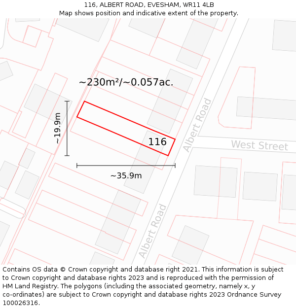 116, ALBERT ROAD, EVESHAM, WR11 4LB: Plot and title map
