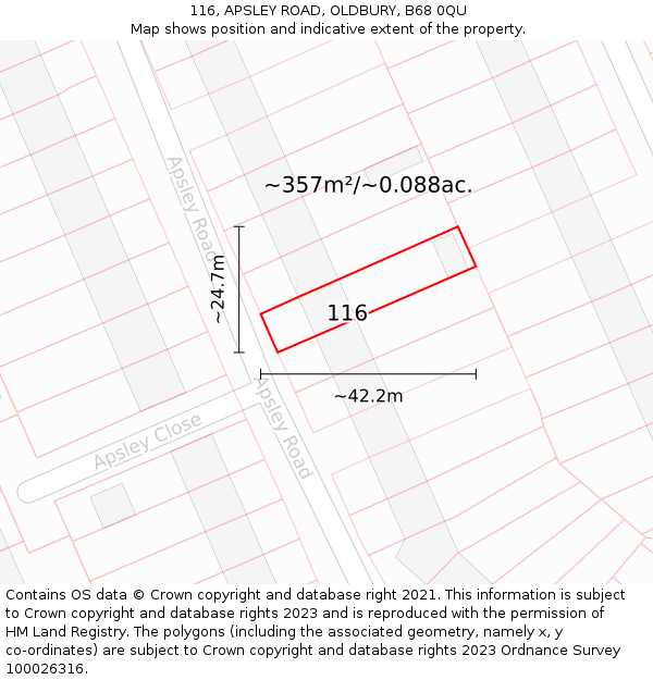 116, APSLEY ROAD, OLDBURY, B68 0QU: Plot and title map