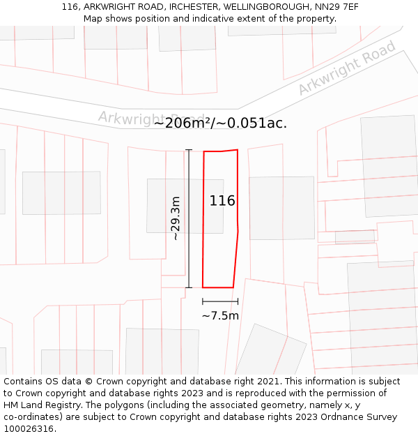116, ARKWRIGHT ROAD, IRCHESTER, WELLINGBOROUGH, NN29 7EF: Plot and title map