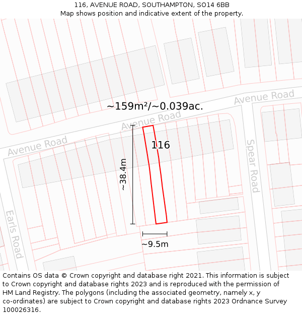 116, AVENUE ROAD, SOUTHAMPTON, SO14 6BB: Plot and title map