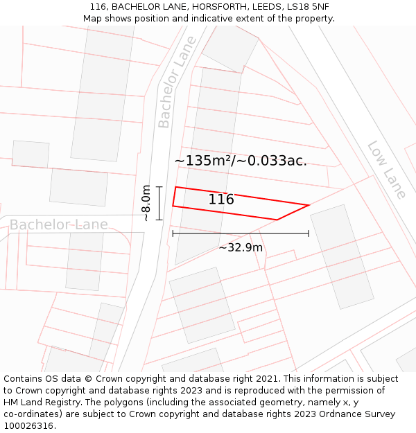 116, BACHELOR LANE, HORSFORTH, LEEDS, LS18 5NF: Plot and title map