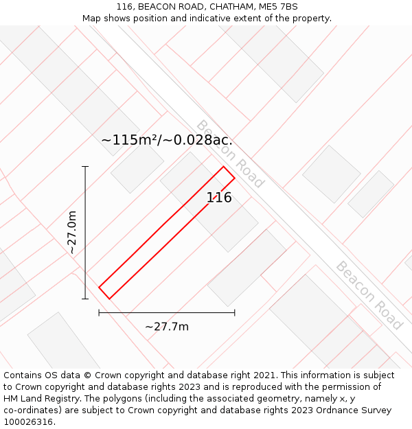 116, BEACON ROAD, CHATHAM, ME5 7BS: Plot and title map