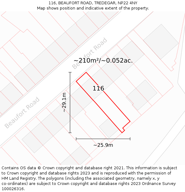 116, BEAUFORT ROAD, TREDEGAR, NP22 4NY: Plot and title map