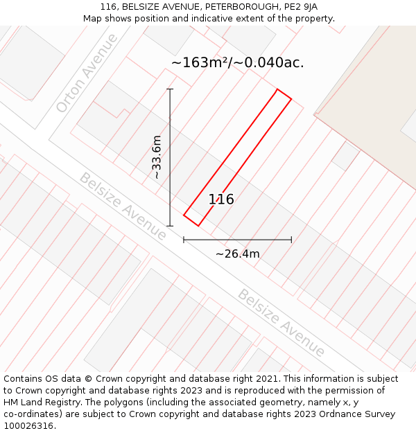 116, BELSIZE AVENUE, PETERBOROUGH, PE2 9JA: Plot and title map