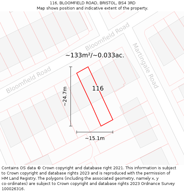 116, BLOOMFIELD ROAD, BRISTOL, BS4 3RD: Plot and title map