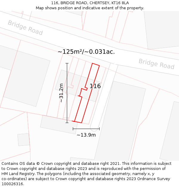116, BRIDGE ROAD, CHERTSEY, KT16 8LA: Plot and title map