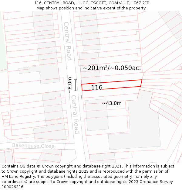 116, CENTRAL ROAD, HUGGLESCOTE, COALVILLE, LE67 2FF: Plot and title map