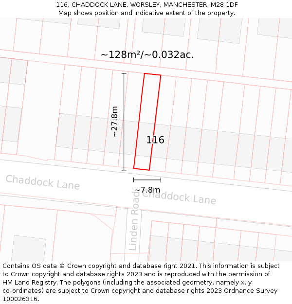 116, CHADDOCK LANE, WORSLEY, MANCHESTER, M28 1DF: Plot and title map