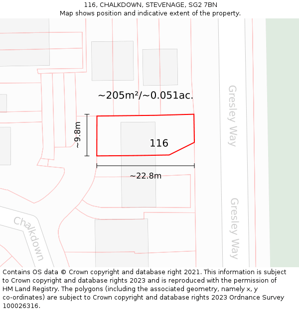116, CHALKDOWN, STEVENAGE, SG2 7BN: Plot and title map