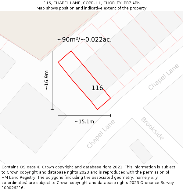 116, CHAPEL LANE, COPPULL, CHORLEY, PR7 4PN: Plot and title map
