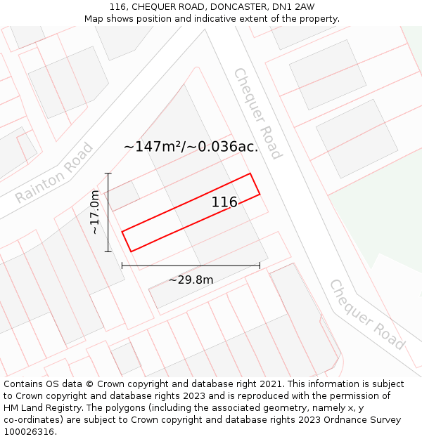 116, CHEQUER ROAD, DONCASTER, DN1 2AW: Plot and title map