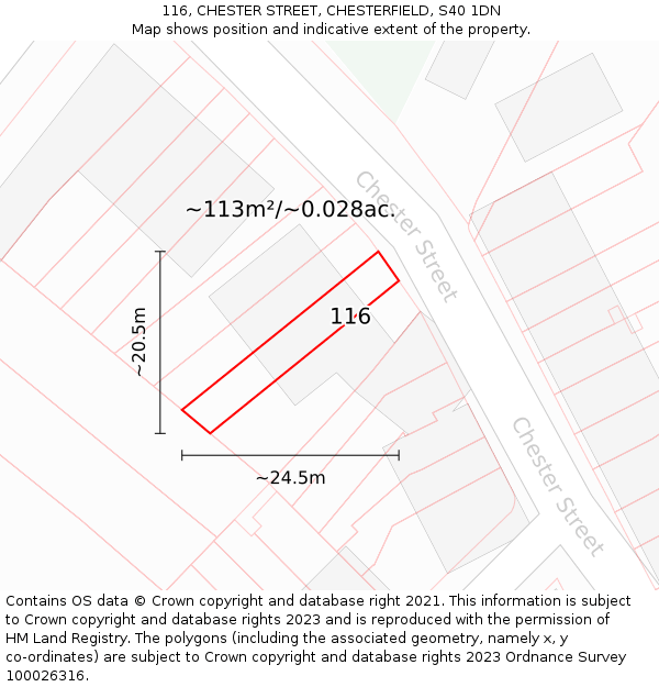 116, CHESTER STREET, CHESTERFIELD, S40 1DN: Plot and title map