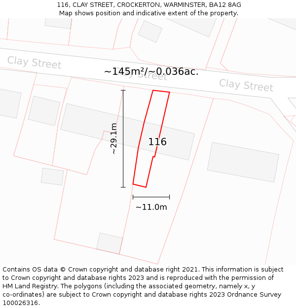 116, CLAY STREET, CROCKERTON, WARMINSTER, BA12 8AG: Plot and title map