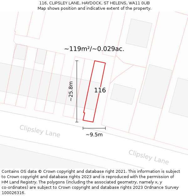116, CLIPSLEY LANE, HAYDOCK, ST HELENS, WA11 0UB: Plot and title map