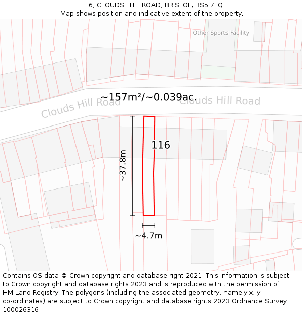 116, CLOUDS HILL ROAD, BRISTOL, BS5 7LQ: Plot and title map