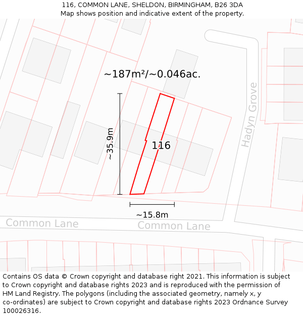 116, COMMON LANE, SHELDON, BIRMINGHAM, B26 3DA: Plot and title map