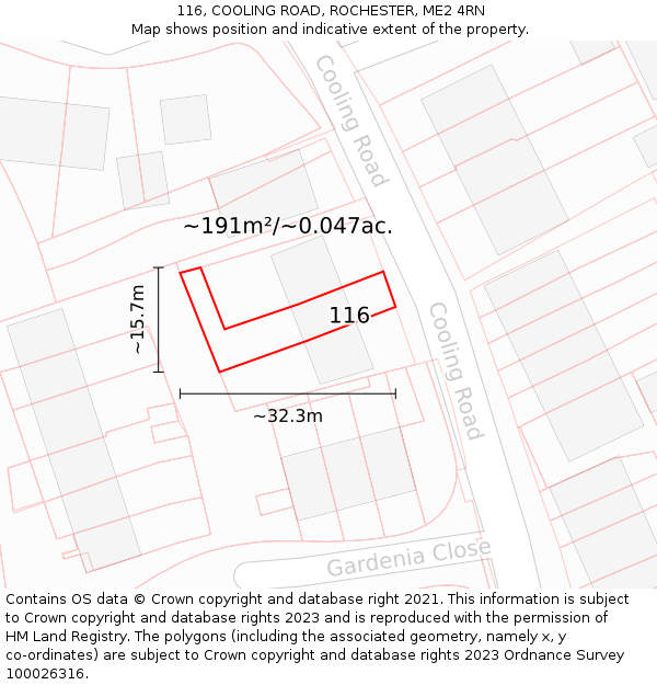116, COOLING ROAD, ROCHESTER, ME2 4RN: Plot and title map