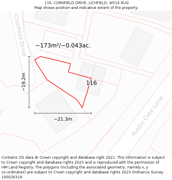 116, CORNFIELD DRIVE, LICHFIELD, WS14 9UG: Plot and title map