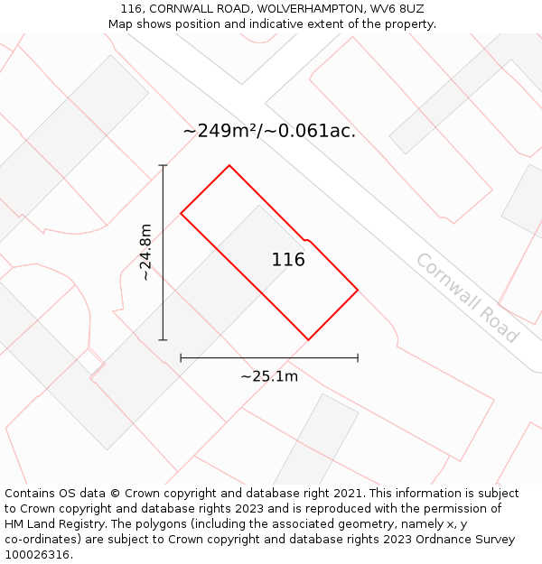 116, CORNWALL ROAD, WOLVERHAMPTON, WV6 8UZ: Plot and title map