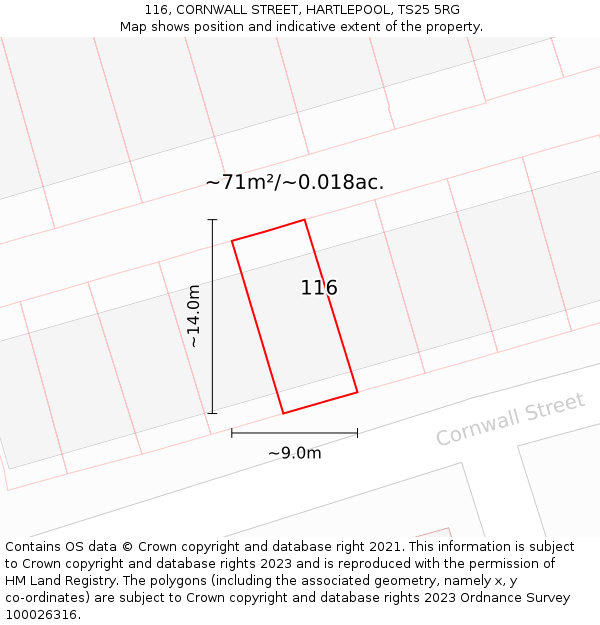116, CORNWALL STREET, HARTLEPOOL, TS25 5RG: Plot and title map